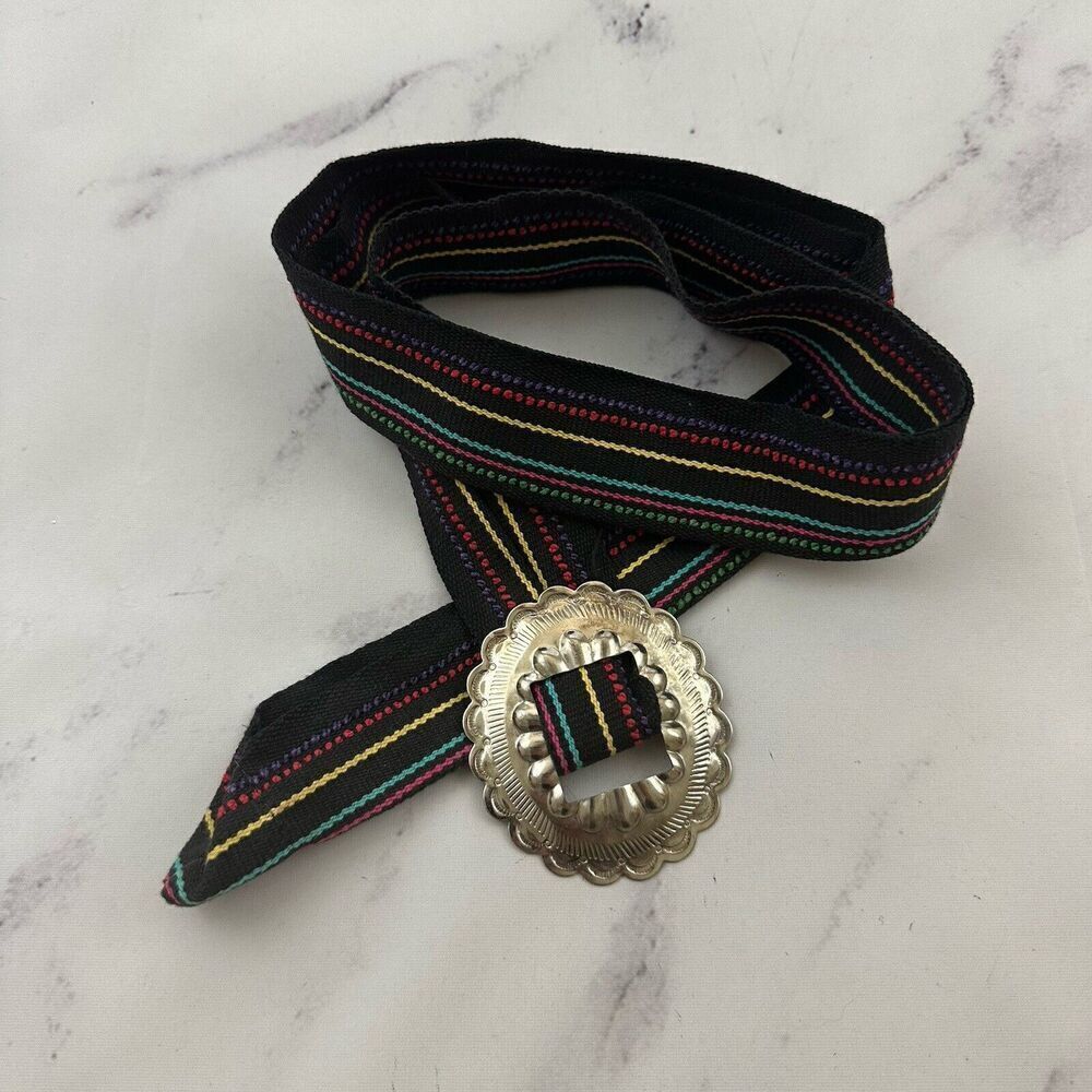 Womens Vintage Fabric Woven Belt Size M Black Colorful Stripe Tin Buckle Western